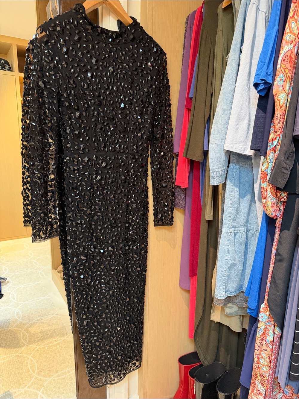 ASOS Black Embellished Long Sleeve Midi Dress